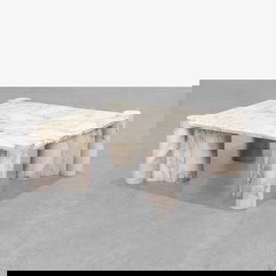 Gae Aulenti - Jumbo Marble Coffee Table: A vintage 'Jumbo' Carrara marble coffee table by Gae Aulenti for Knoll. All measurements are in inches. Height x Width x Depth