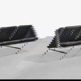 George Nelson - Sling Sofa: A black leather sling sofa by George Nelson. All measurements are in inches. Height x Width x Depth