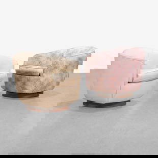 Milo Baughman - Swivel Chairs: A pair of tilt and swivel club chairs on walnut pedestal bases by Milo Baughman. All measurements are in inches. Height x Width x Depth