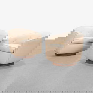 Milo Baughman - Swivel Chairs: A pair of tilt and swivel club chairs on walnut pedestal bases by Milo Baughman. All measurements are in inches. Height x Width x Depth
