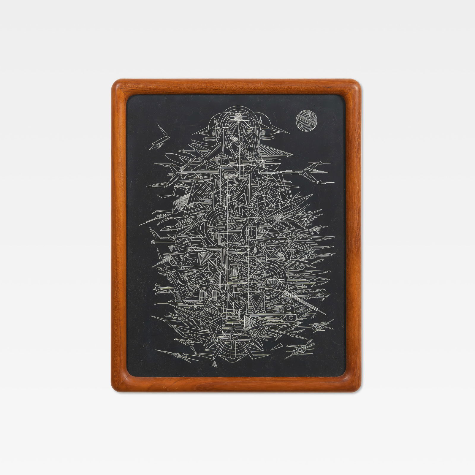 Chris Mendoza - Carved Masonite: An abstract carved drawing on masonite by artist Chris Mendoza in teak frame. All measurements are in inches. Height x Width x Depth