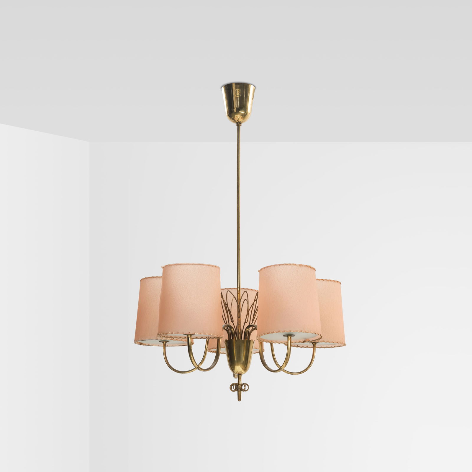 Paavo Tynell - Chandelier: A brass and glass chandelier with vellum shades by Paavo Tynell for Taito OY, Finland. Stamped with makers mark. All measurements are Height x Width x Depth. September 26th Fire On September 26, a min