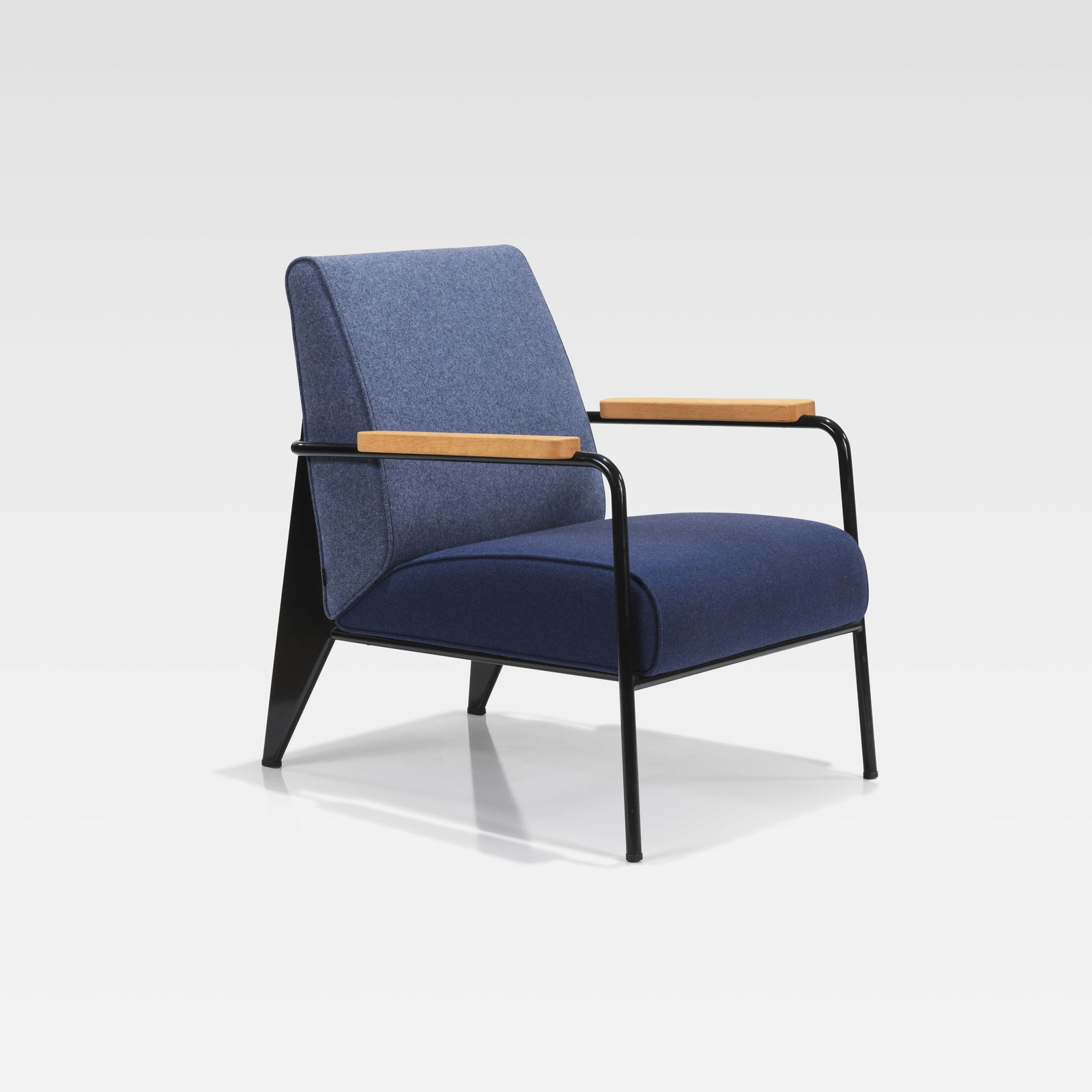 Jean Prouve - Salon Chair: A steel, oak, and wool-upholstered 'Salon' chair by Jean Prouve for Vitra. Labeled on underside. All measurements are Height x Width x Depth. September 26th Fire On September 26, a minor printer-relat