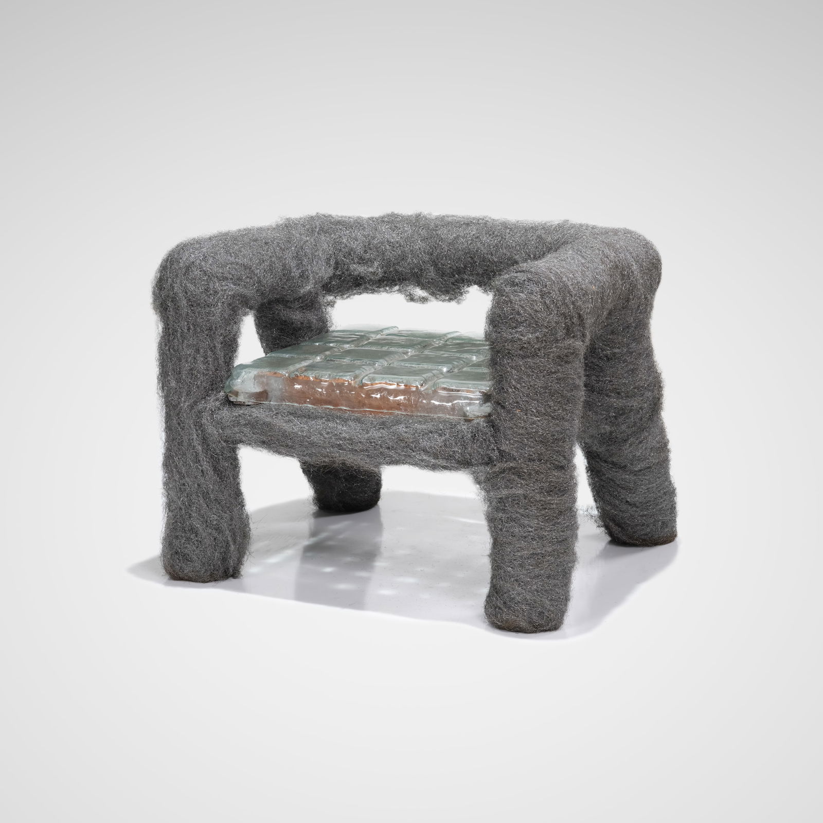 Steel Wool & Glass Lounge Chair: A unique studio made, steel wool and glass lounge chair. All measurements are Height x Width x Depth.