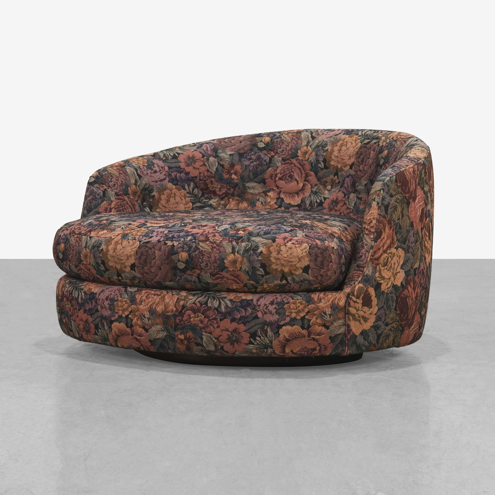 Milo Baughman - Swivel Chair: A large oversized swiveling lounge chair on wood base by Milo Baughman. All measurements are Height x Width x Depth.