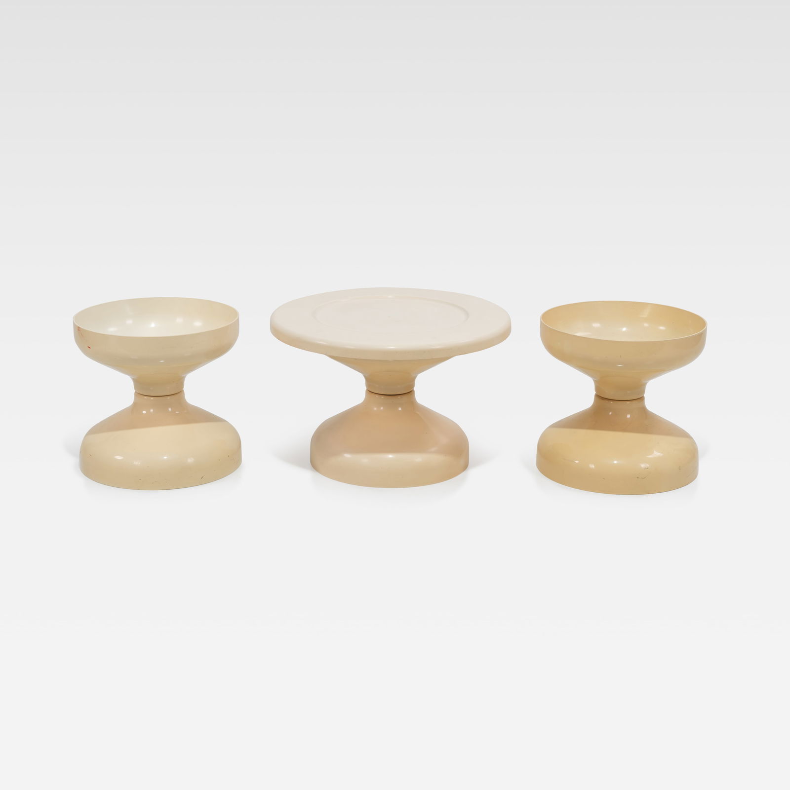 Achille Castiglioni - Table & Stools: A 'Rocchetto' table and stools by Achille Castiglioni for Kartell. Dimensions listed are for table. Stools - 15 x 16 x 16. All measurements are Height x Width x Depth.