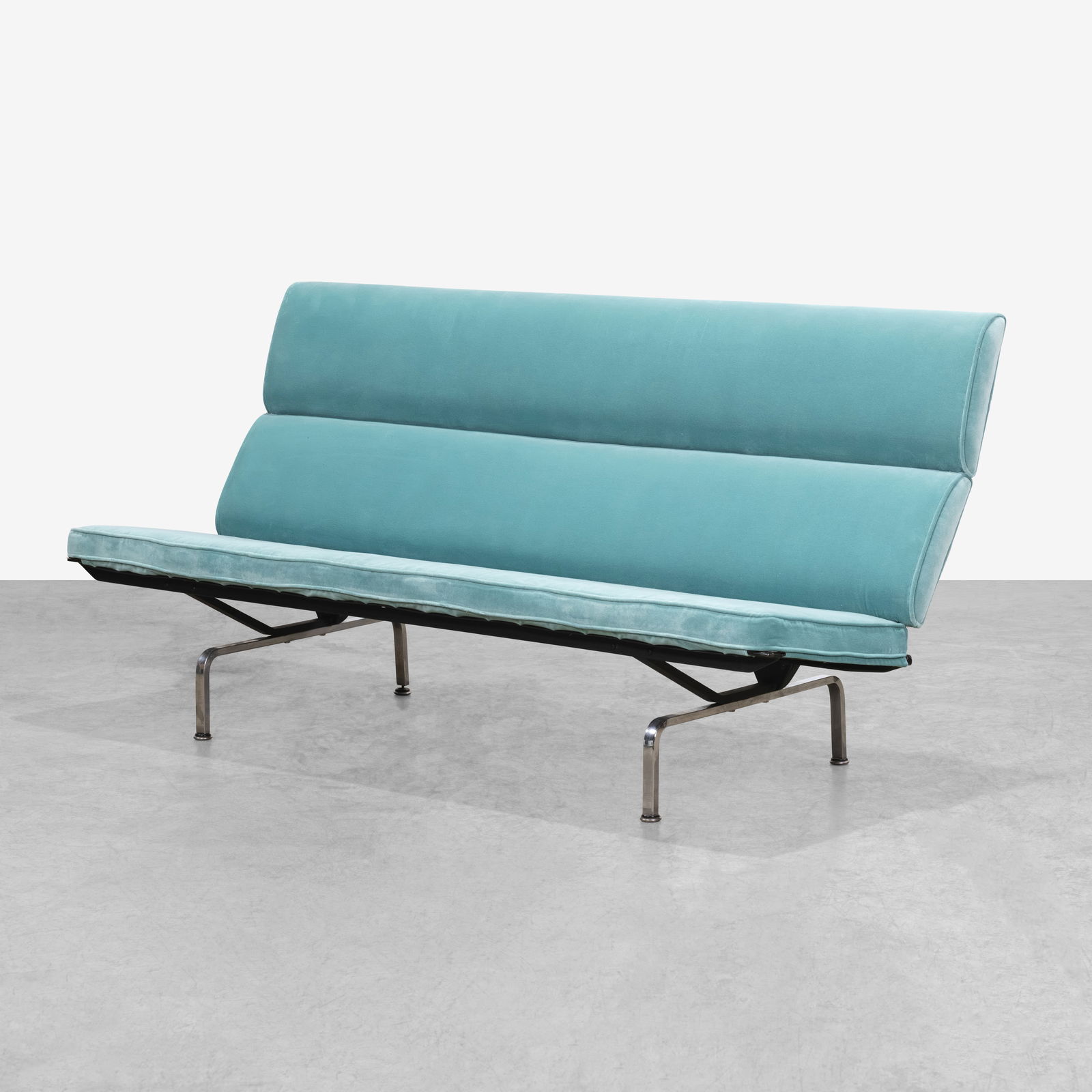 Charles & Ray Eames - Compact Sofa: A compact sofa with velvet upholstery by Charles & Ray Eames. All measurements are in inches. Height x Width x Depth