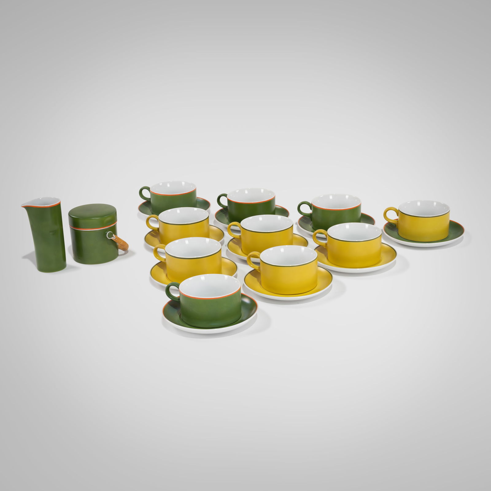 Lagardo Tackett - Tea Set: A vintage porcelain tea set by Lagardo Tackett for Schmid Porcelain. Measurements listed are of the under plate. All measurements are in inches. Height x Width x Depth