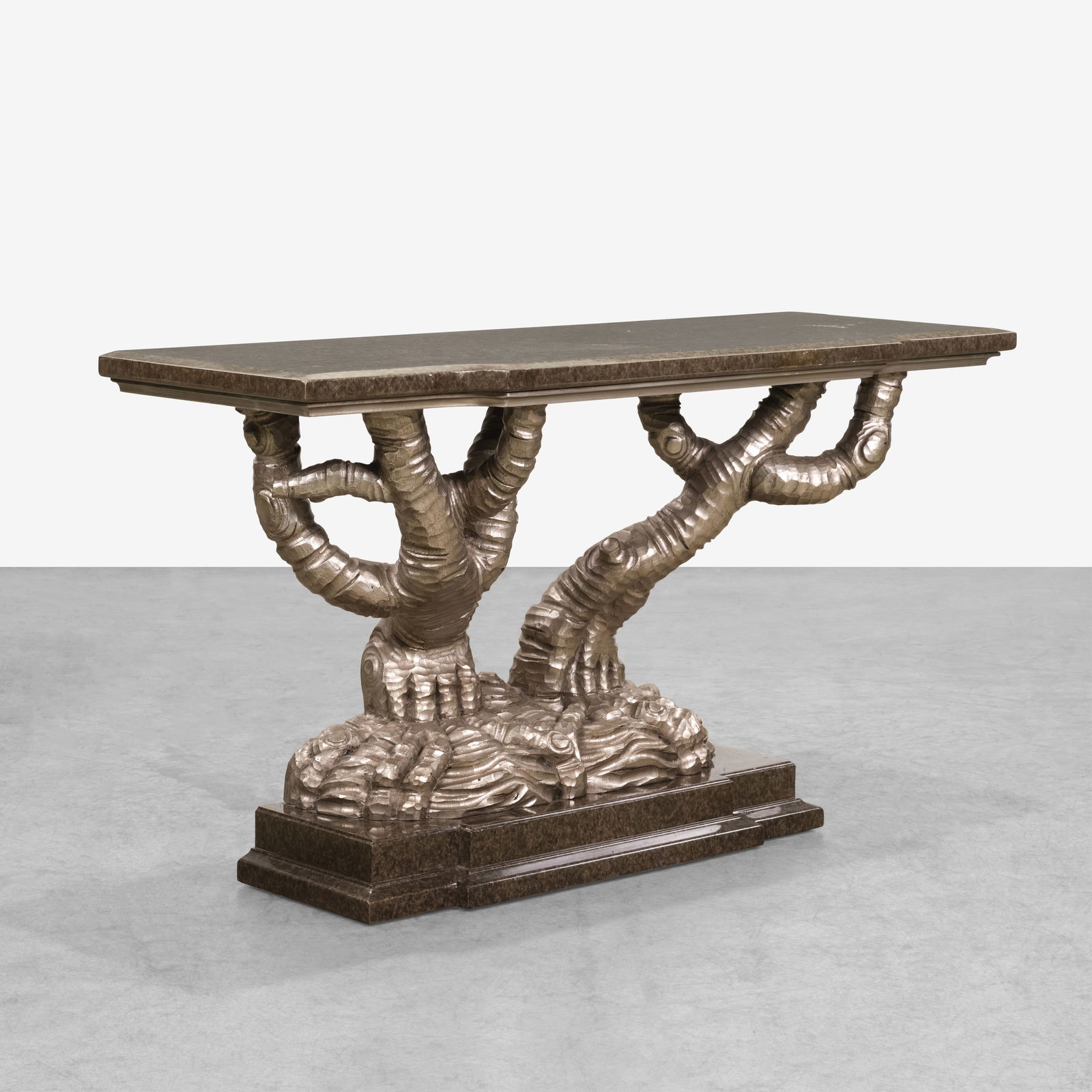 Marge Carson - Console: A tree form console with a faux granite lacquered top and base by Marge Carson. All measurements are in inches. Height x Width x Depth