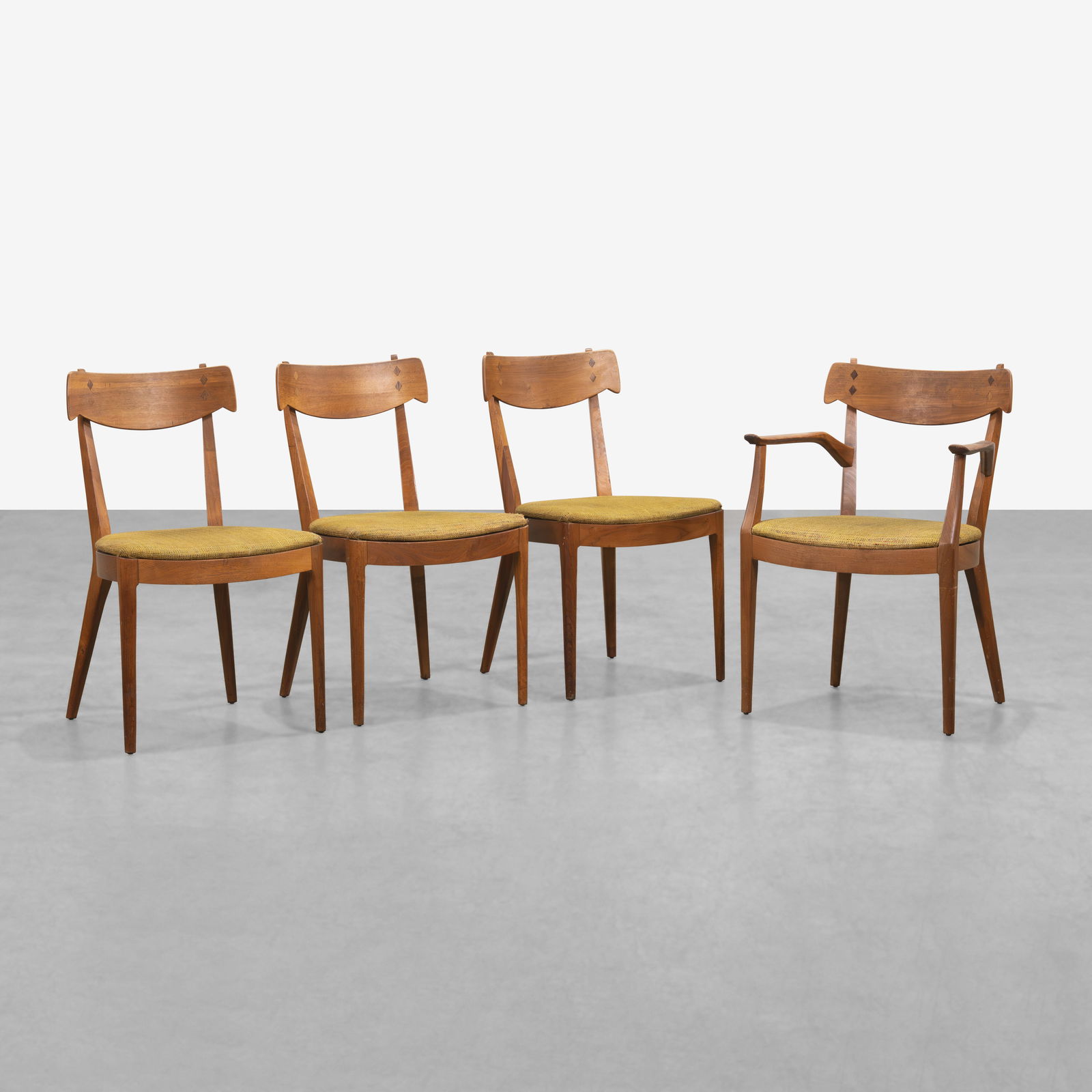 Kipp Stewart - Dining Chairs: A set of four walnut 'Declaration' dining chairs by Kipp Stewart for Drexel. All measurements are in inches. Height x Width x Depth