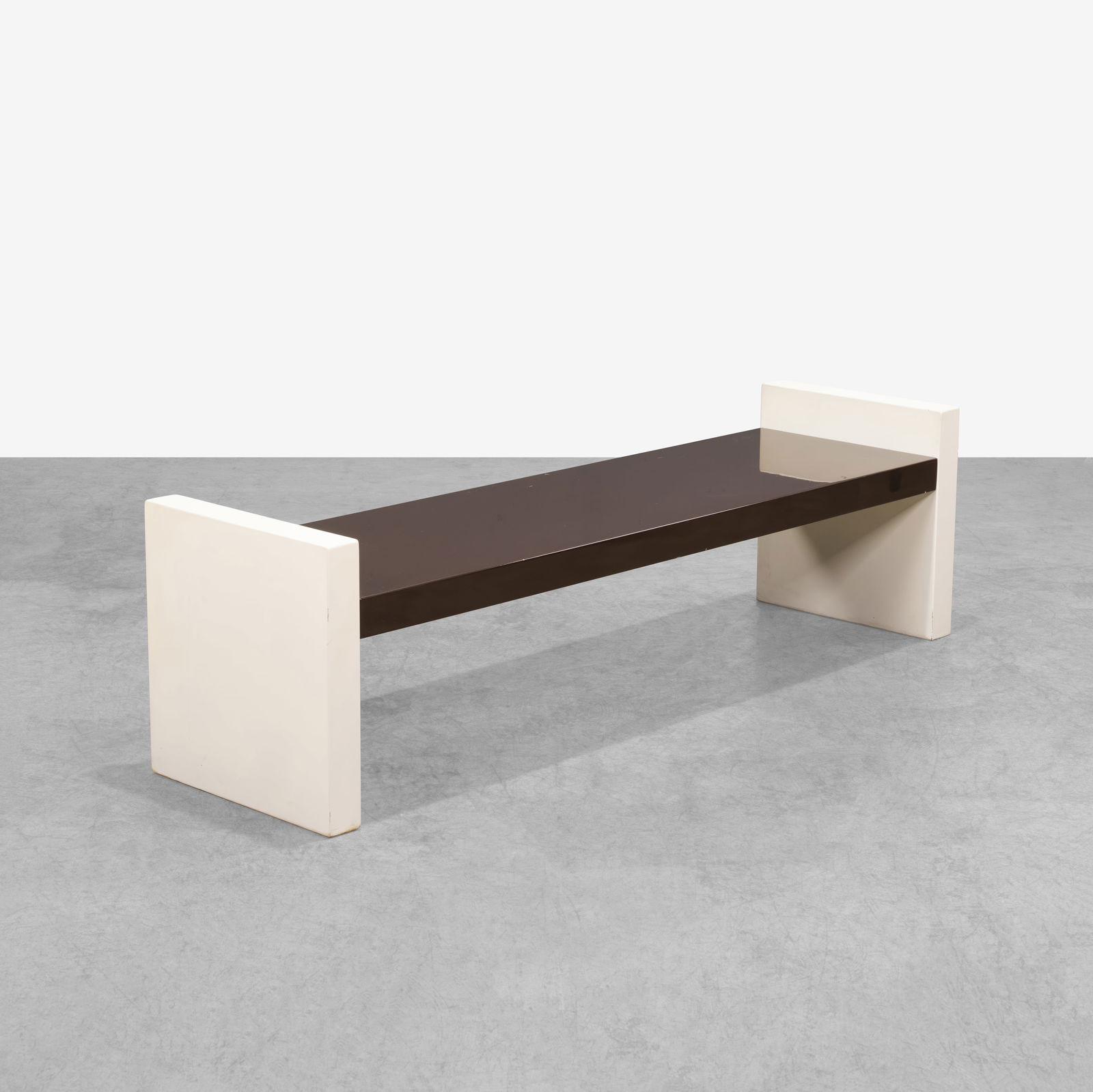 Postmodern Lacquered Bench: A postmodern brown and cream lacquered bench. All measurements are in inches. Height x Width x Depth