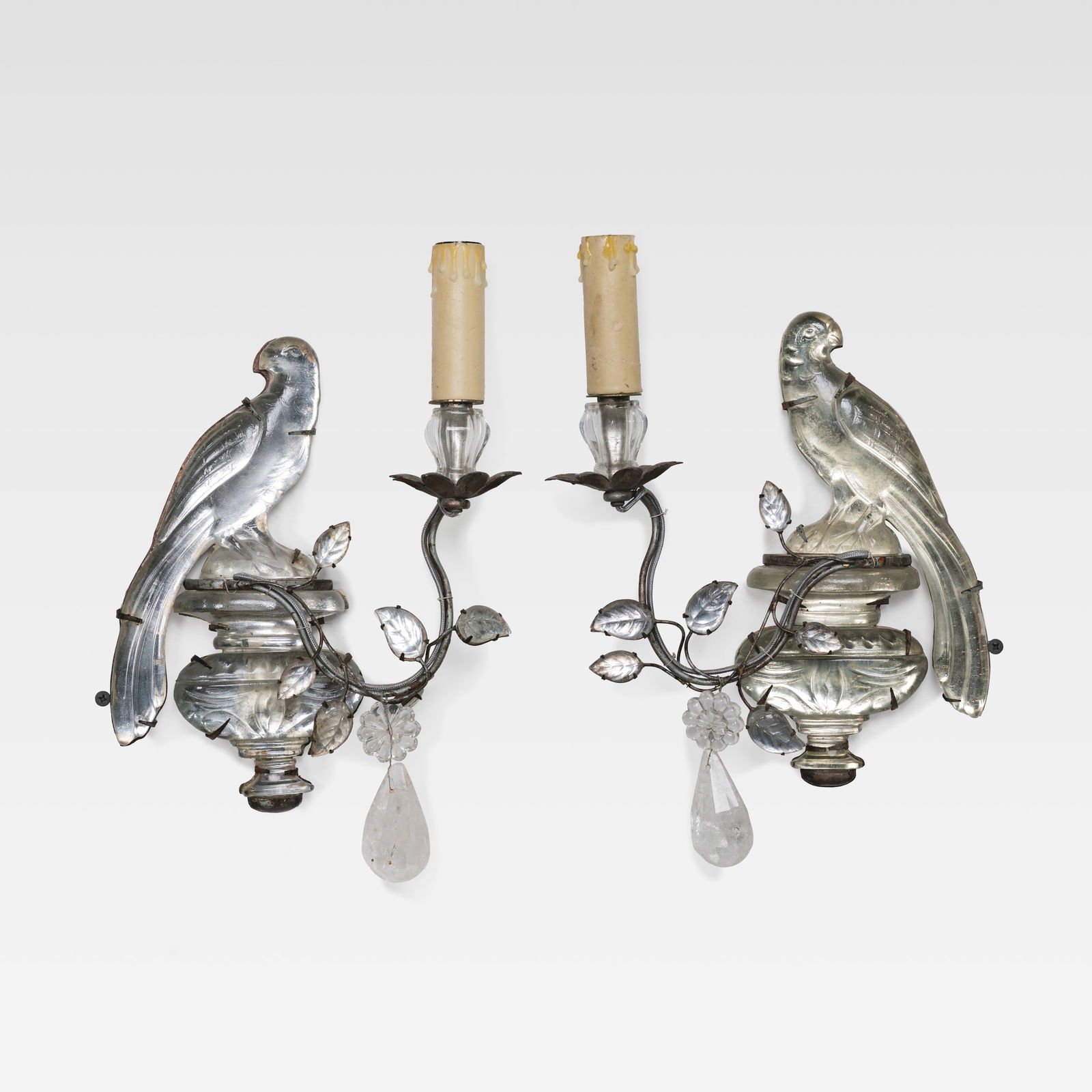 Rock Crystal Bird Sconces: A pair of rock crystal bird sconces. All measurements are in inches. Height x Width x Depth