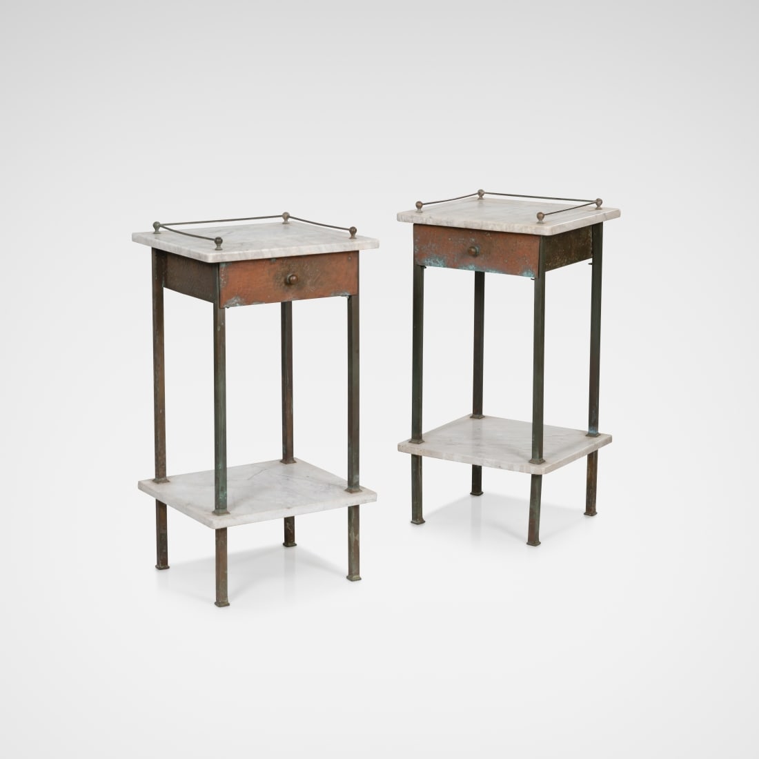 Vienna Secession Nightstands: A pair of mixed metal and marble Vienna Secession nightstands. All measurements are in inches. Height x Width x Depth