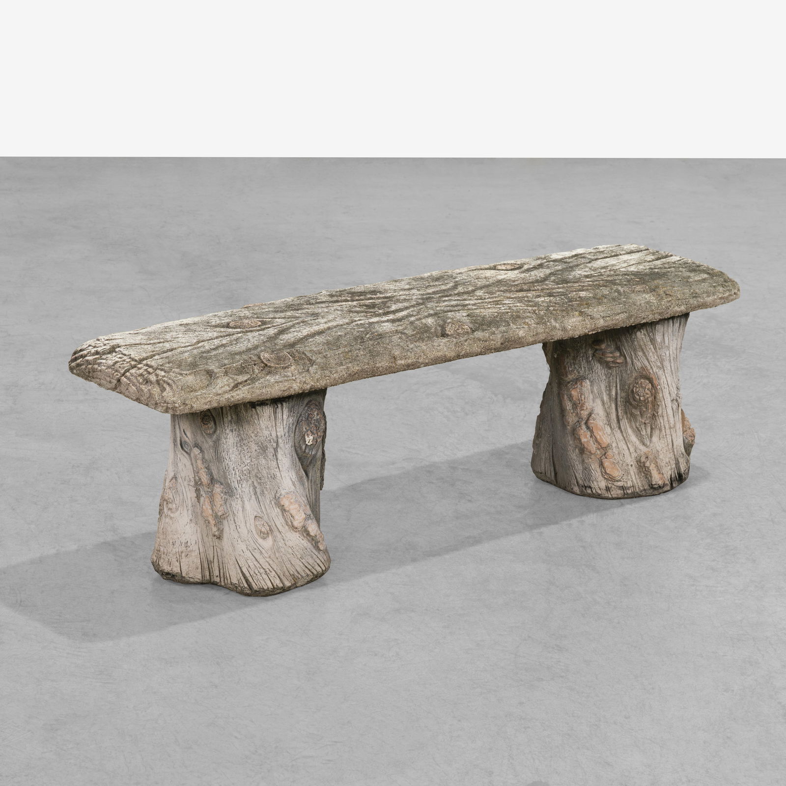 Faux Bois Concrete Bench: A vintage faux bois concrete bench. All measurements are in inches. Height x Width x Depth