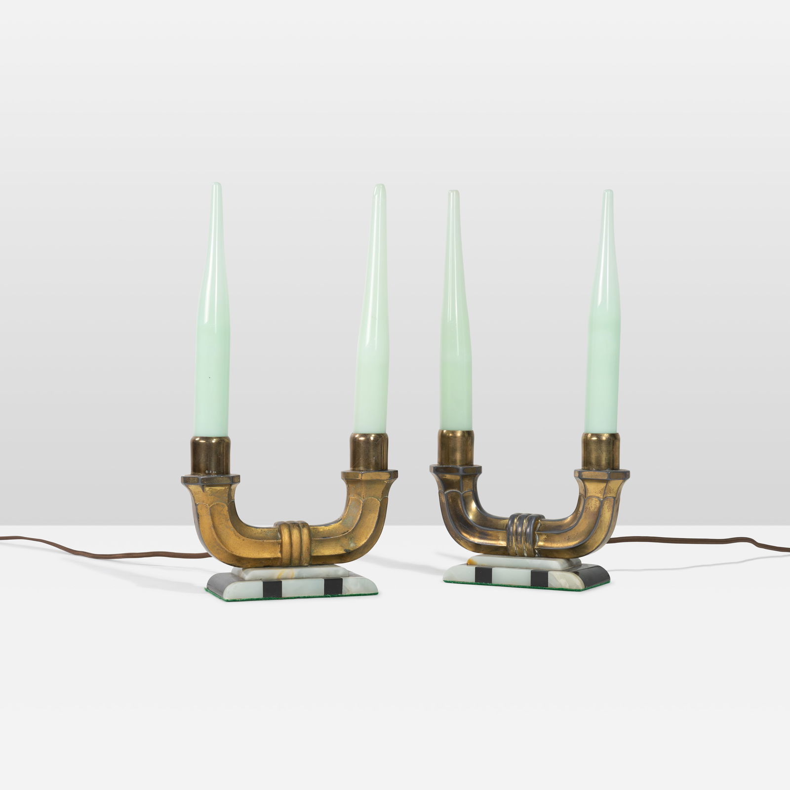 French Candle Lamps: A pair of Art Deco French candle lamps. All measurements are in inches. Height x Width x Depth