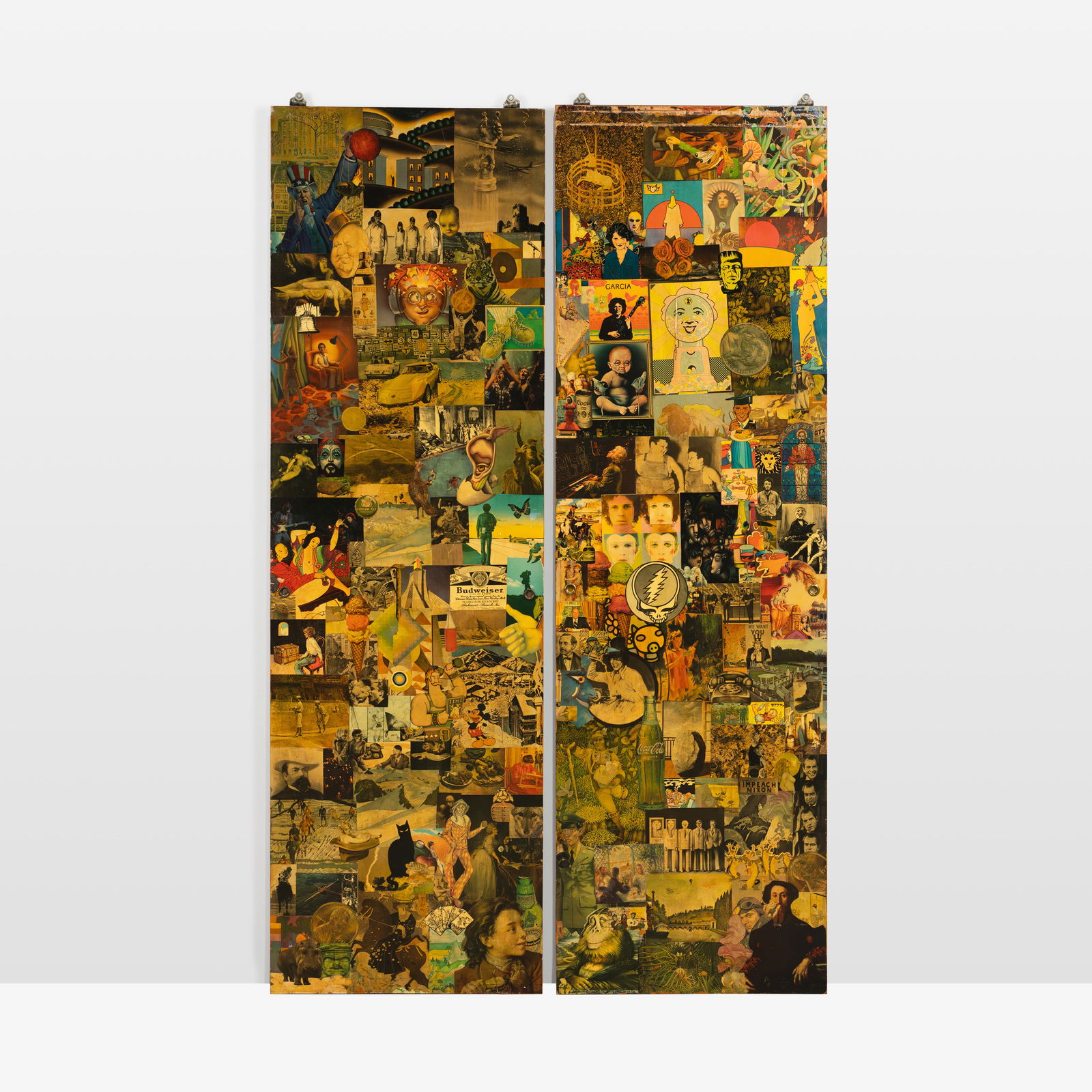 Collage Decorated Door Panels: A pair of vintage collage-decorated and lacquered door panels. A pair of Dimensions are for a single panel. All measurements are in inches. Height x Width x Depth