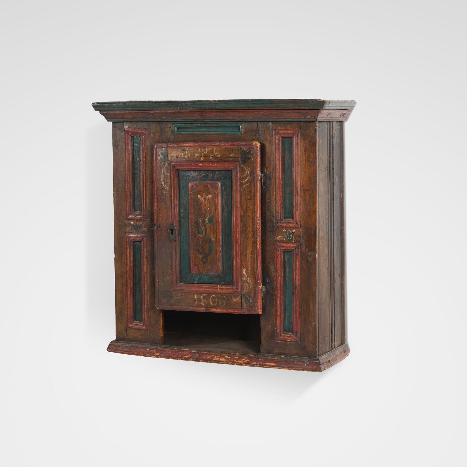 Primitive Wall Cabinet: A primitive painted wall cabinet. All measurements are in inches. Height x Width x Depth