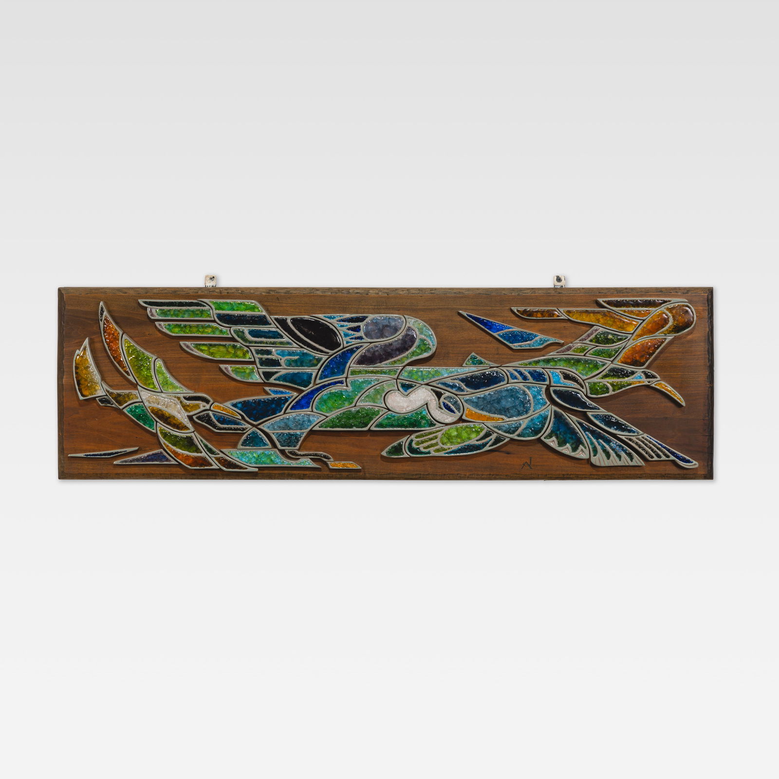 Glass Tile Mosaic Bird Sculpture: A ceramic and glass mosaic wall sculpture mounted on wood of flying birds. Signed with initials. All measurements are in inches. Height x Width x Depth