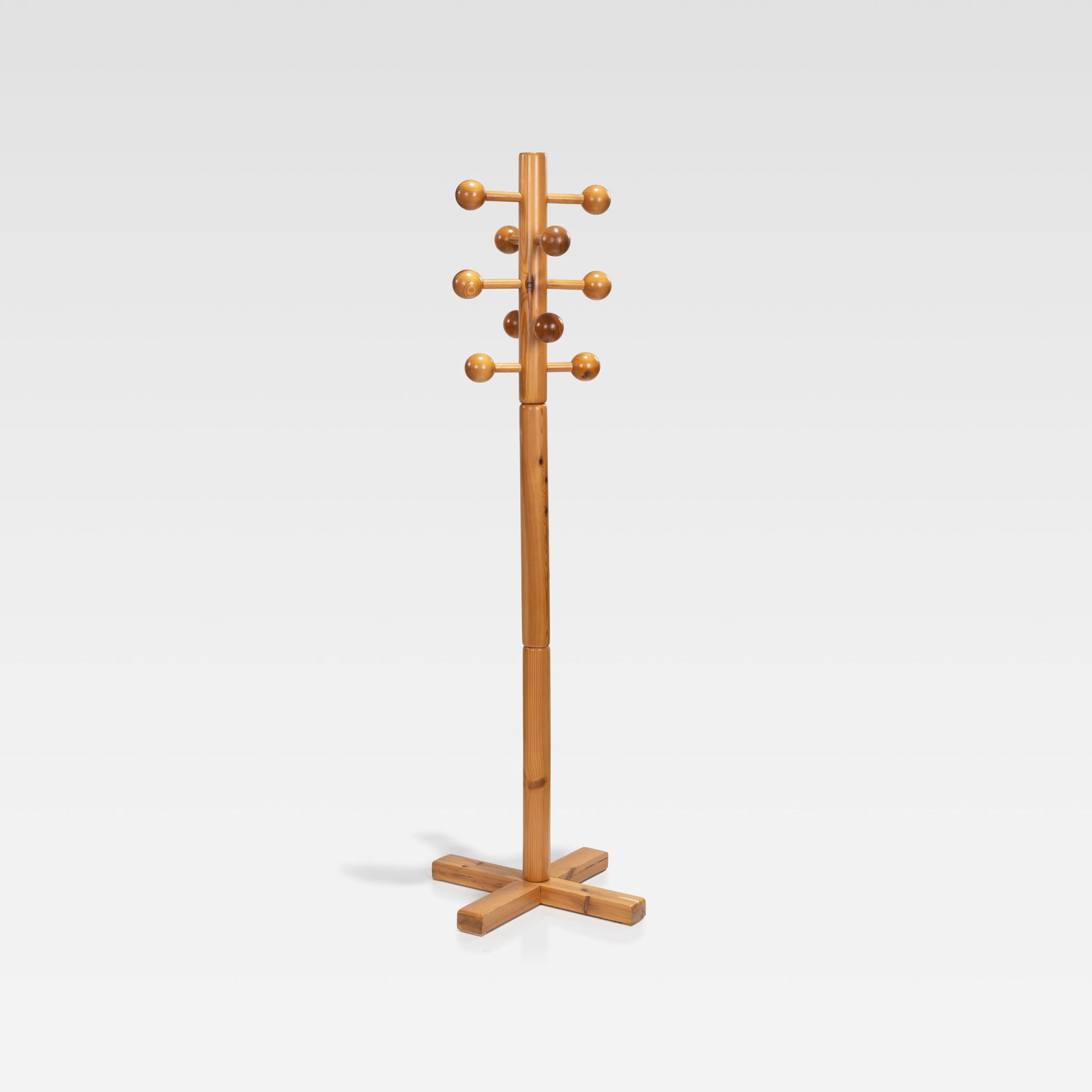 Modernist Coat Tree: A modernist pine coat tree. All measurements are in inches. Height x Width x Depth