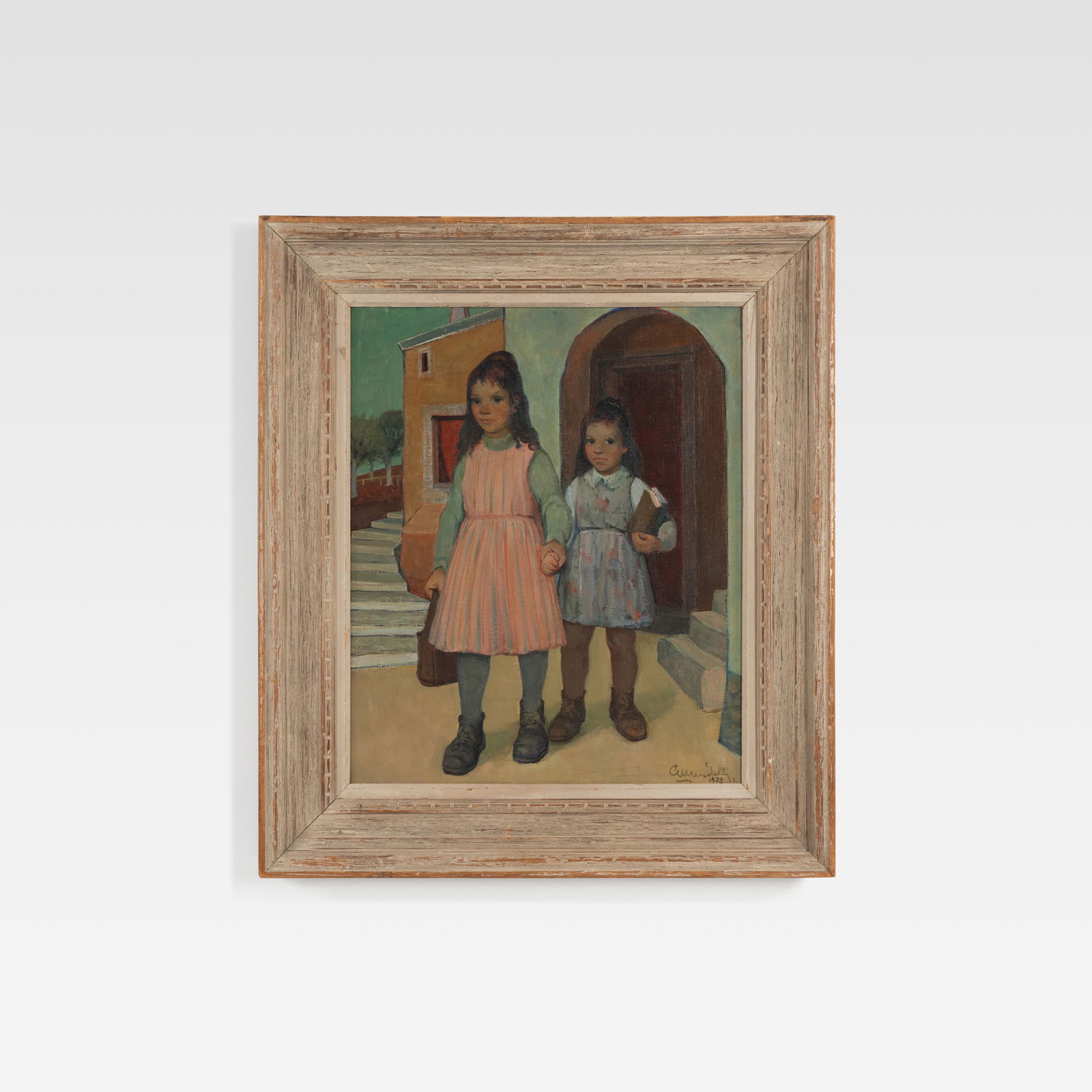 Giulio Vito Musitelli - Painting: A painting of two school girls by Giulio Vito Musitelli, Italy. Dimensions listed are for the frame. Sight - 23.25 x 19. All measurements are in inches. Height x Width x Depth