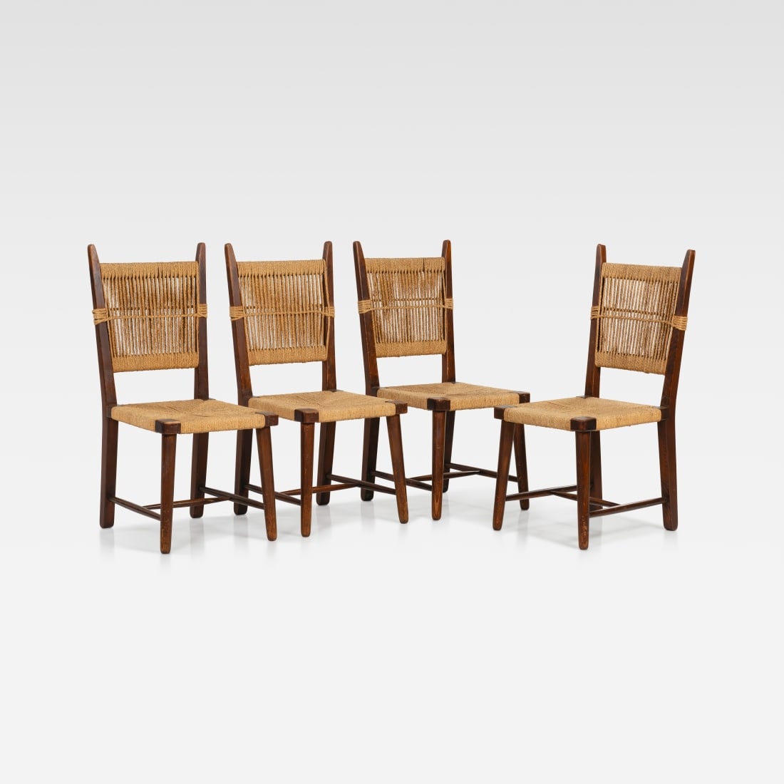 Hemp Dining Chairs: A set of four French dining chairs with woven hemp seats. All measurements are in inches. Height x Width x Depth