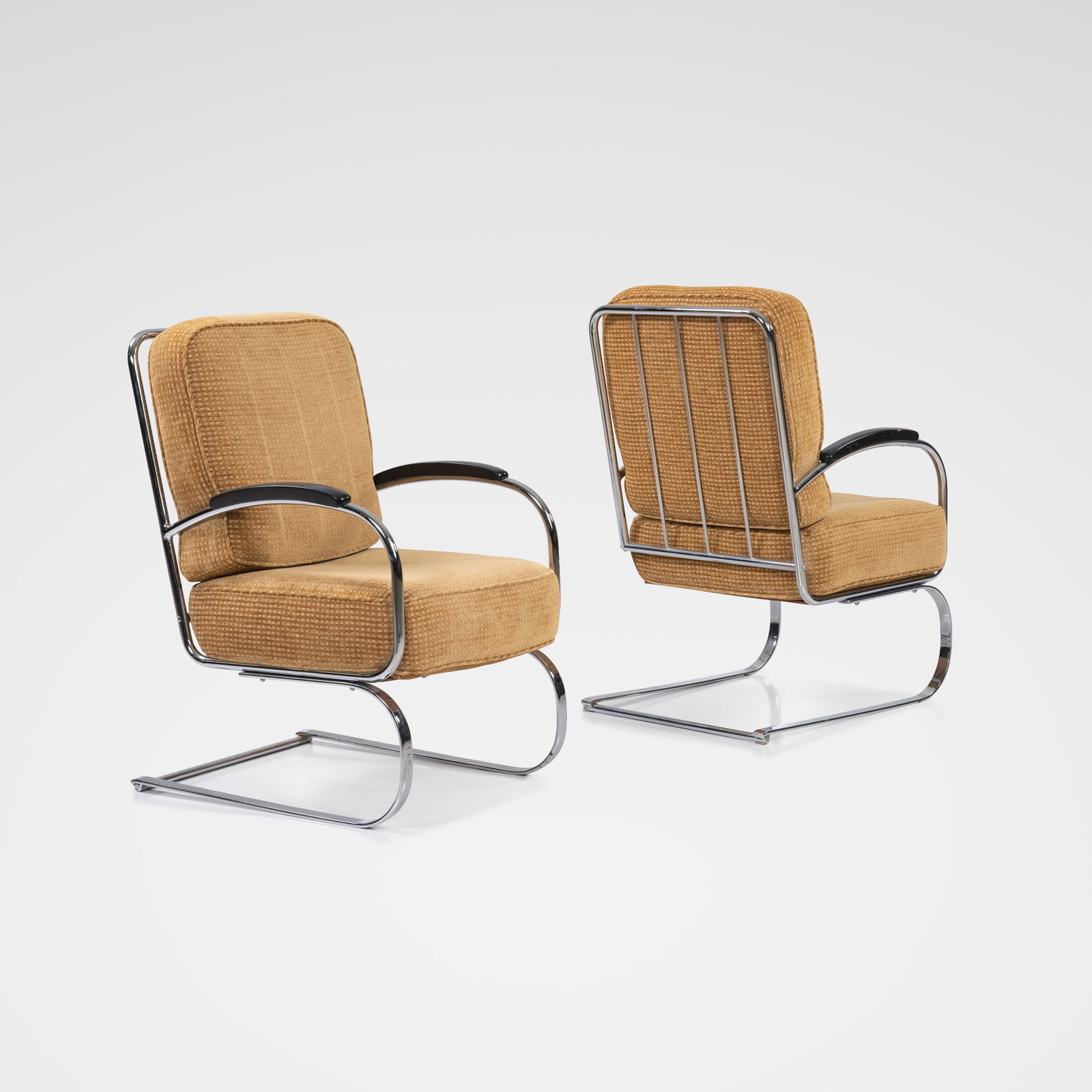 Deco Spring Chairs: A pair of vintage Deco spring chairs with wooden armrests. All measurements are in inches. Height x Width x Depth