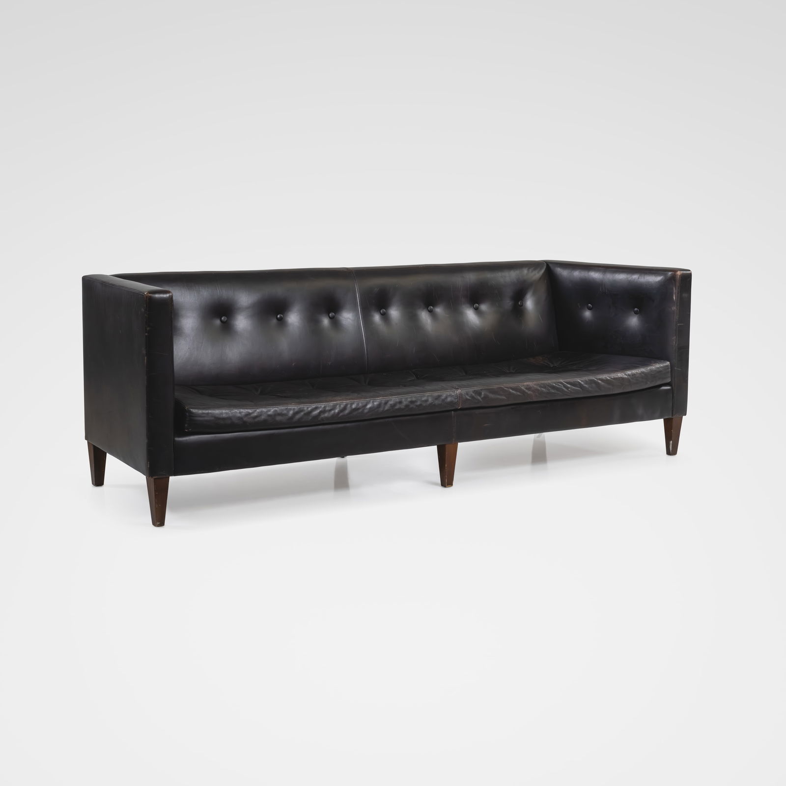 George Smith - Brompton Sofa: A leather, tuxedo arm 'Brompton' sofa by George Smith. All measurements are in inches. Height x Width x Depth