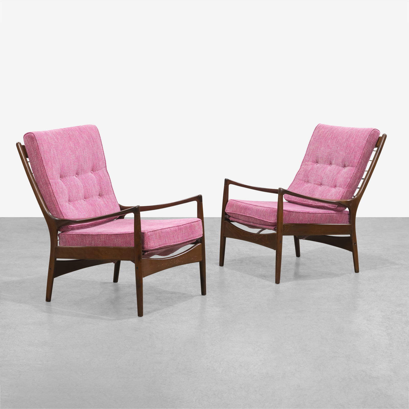 Ib Kofod Larsen - Lounge Chairs: A pair of high back lounge chairs by Ib Kofod Larsen for Selig, Denmark. All measurements are in inches. Height x Width x Depth