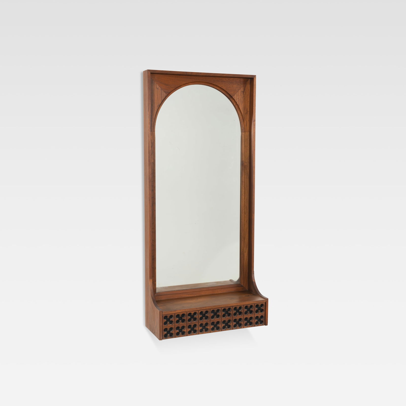 Arthur Umanoff - Walnut Mirror: A vintage walnut mirror with shelf/drawer by Arthur Umanoff for Howard Miller. All measurements are in inches. Height x Width x Depth