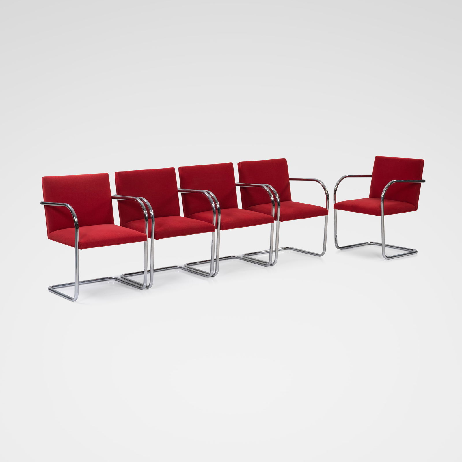 Mies Van Der Rohe - Brno Chairs: A set of five BRNO chairs by Mies Van Der Rohe for Knoll. Stamped under arm. All measurements are in inches. Height x Width x Depth