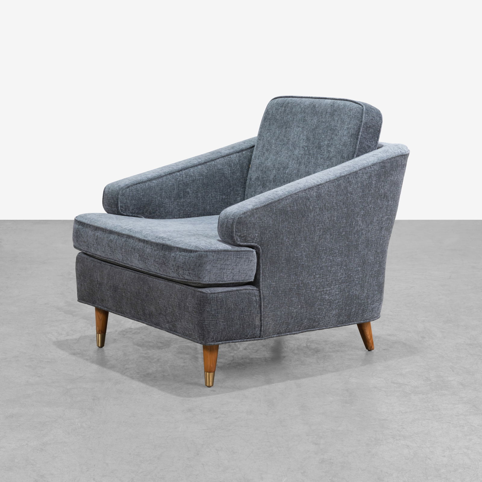 Vintage Lounge Chair: A vintage club chair that appears to be newly upholstered. All measurements are in inches. Height x Width x Depth