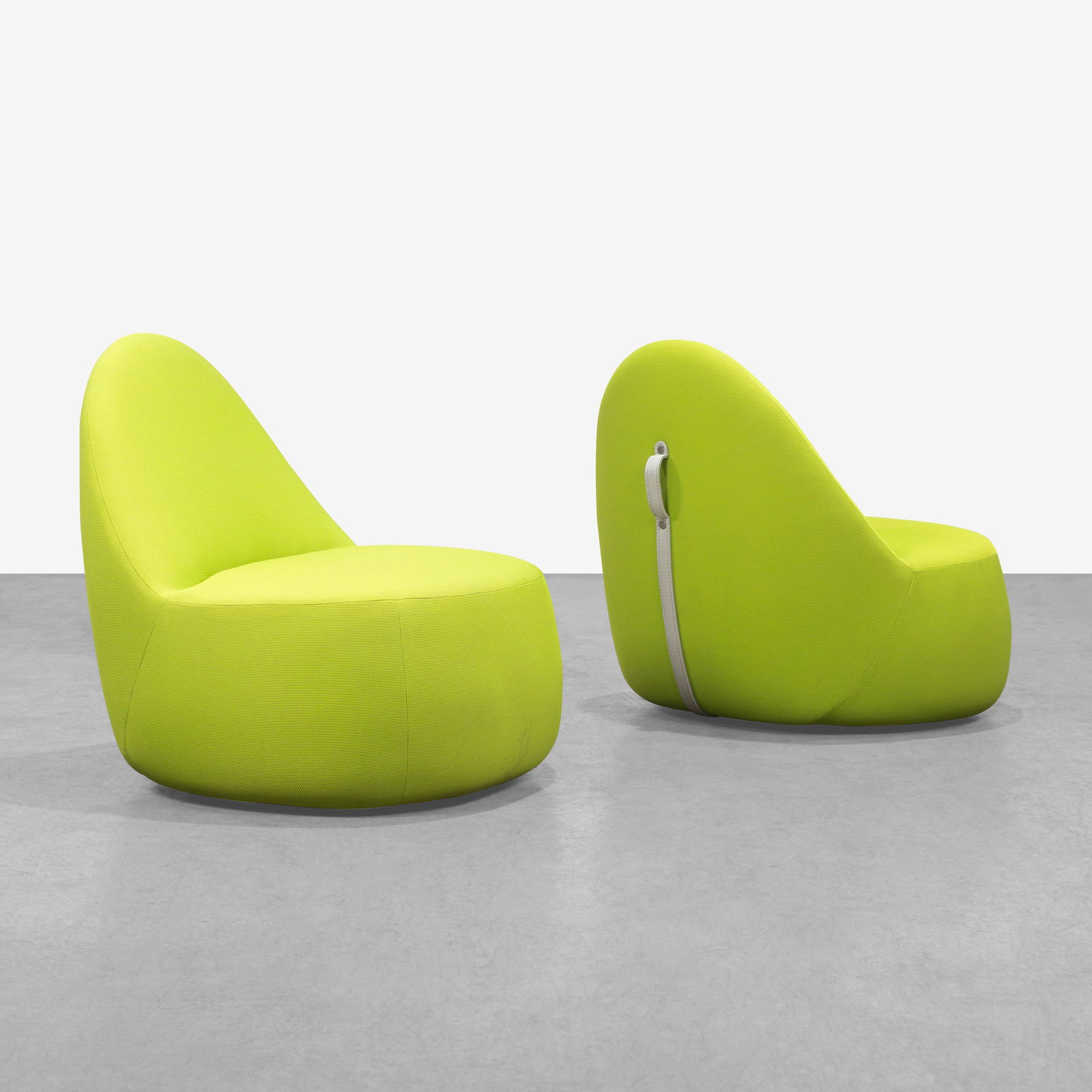 Bernhardt Design - Lounge Chairs: A pair of 'Mitt' lounge chairs on casters by Bernhardt Design. All measurements are in inches. Height x Width x Depth