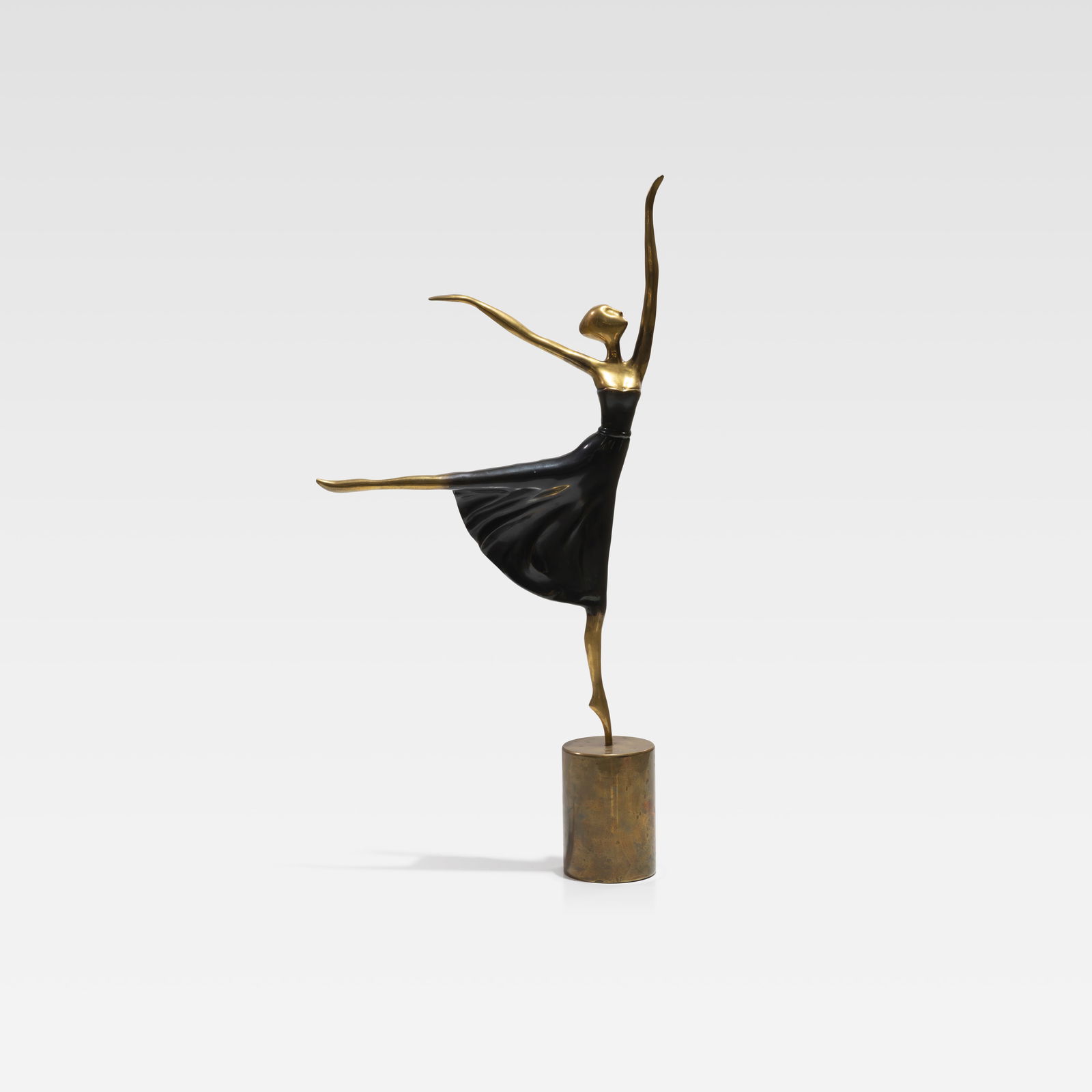 Figural Bronze Sculpture: A patinated bronze sculpture of a dancer. All measurements are in inches. Height x Width x Depth