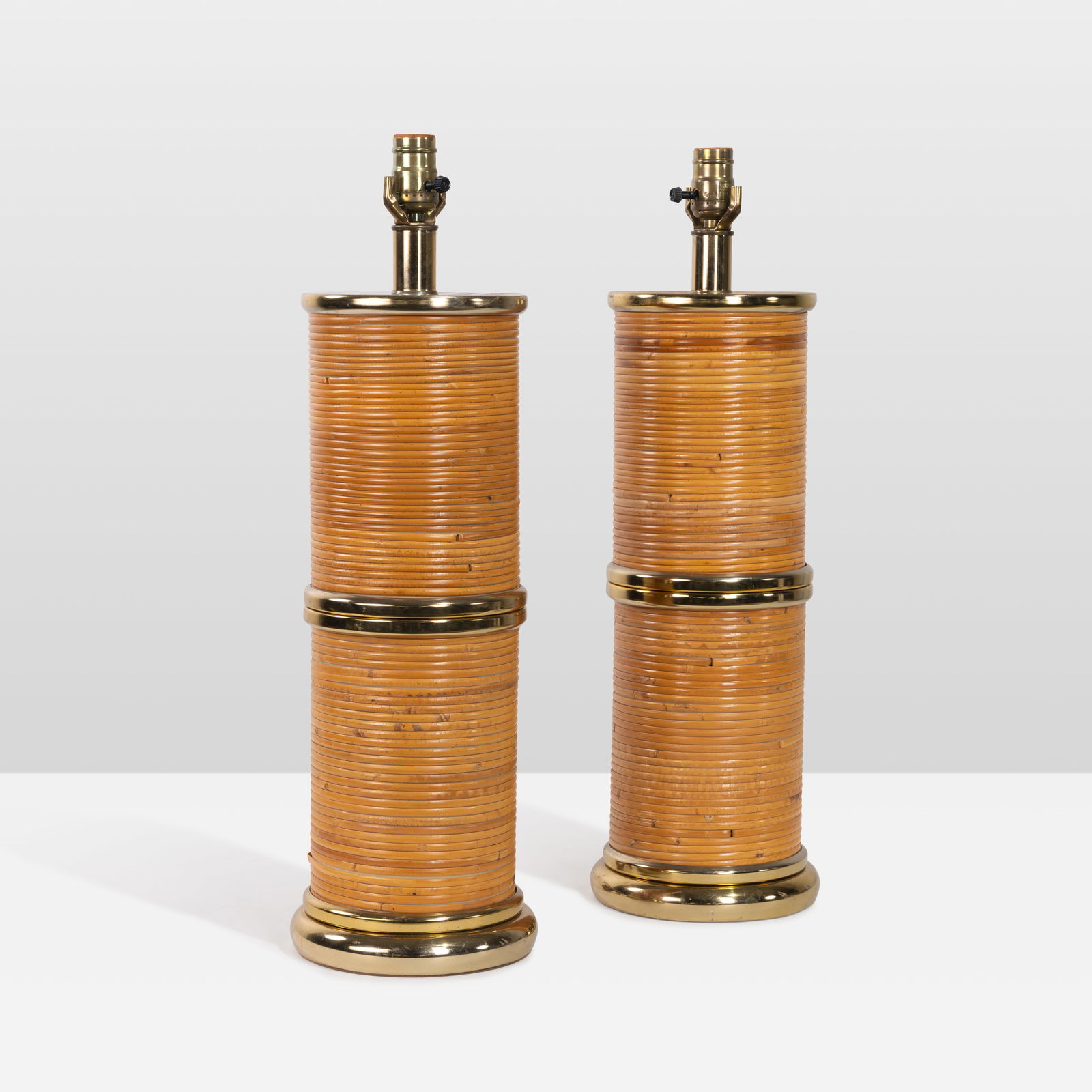 Rattan Lamps: A pair of rattan table tables. All measurements are in inches. Height x Width x Depth