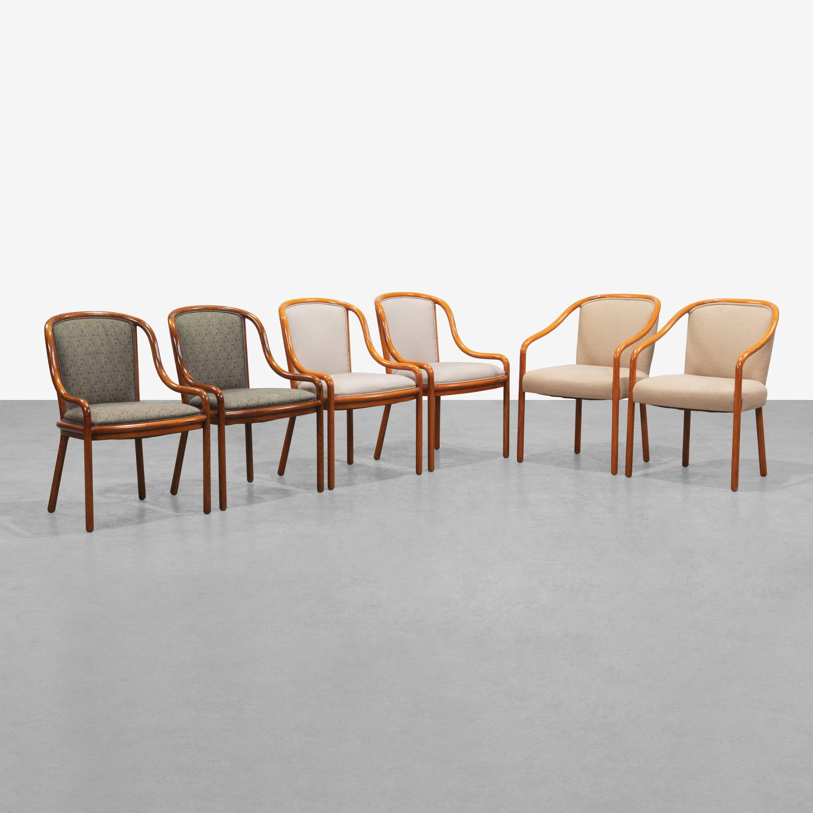 Ward Bennett - Chairs: A set of six bentwood chairs by Ward Bennett in various finishes. All measurements are in inches. Height x Width x Depth