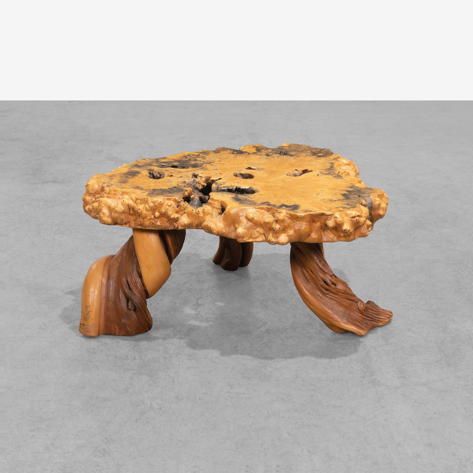 Burl Table: A burl live edge coffee table. All measurements are in inches. Height x Width x Depth