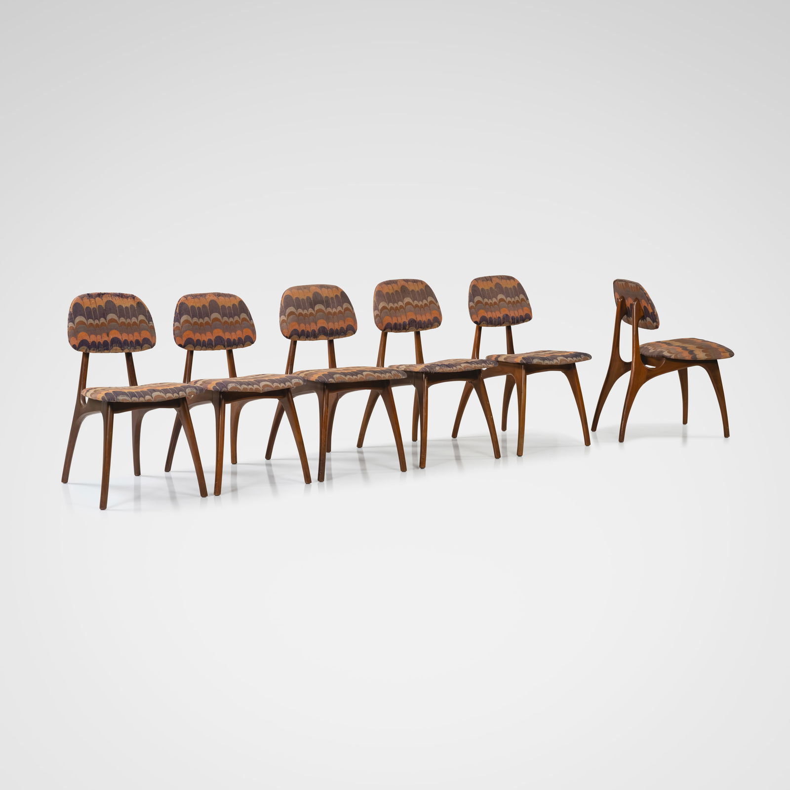 Bertha Schaefer Style - Dining Chairs: A set of six walnut dining chairs in the manner of Bertha Schaefer. All measurements are in inches. Height x Width x Depth