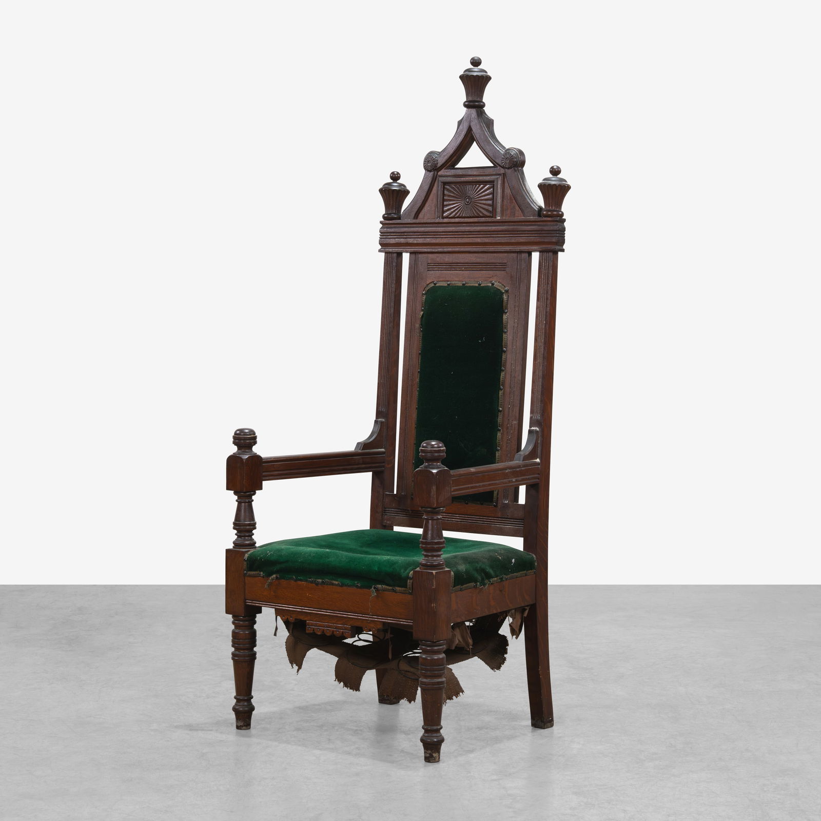 Gothic Oak High Back Chair: A carved gothic high back chair. All measurements are in inches. Height x Width x Depth