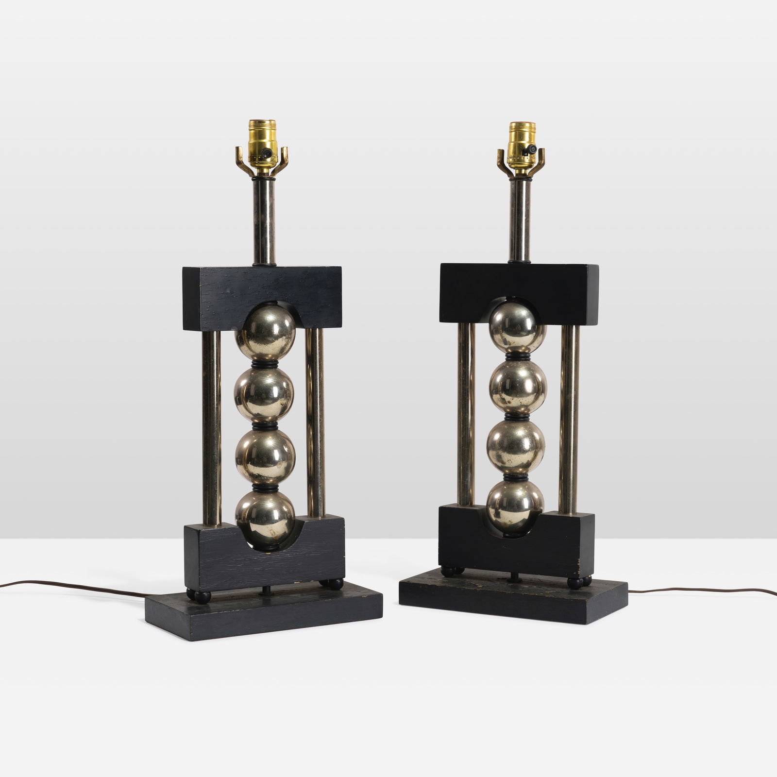 Atomic Style Lamps: A pair of Atomic style ball lamps with painted wood bases. All measurements are in inches. Height x Width x Depth