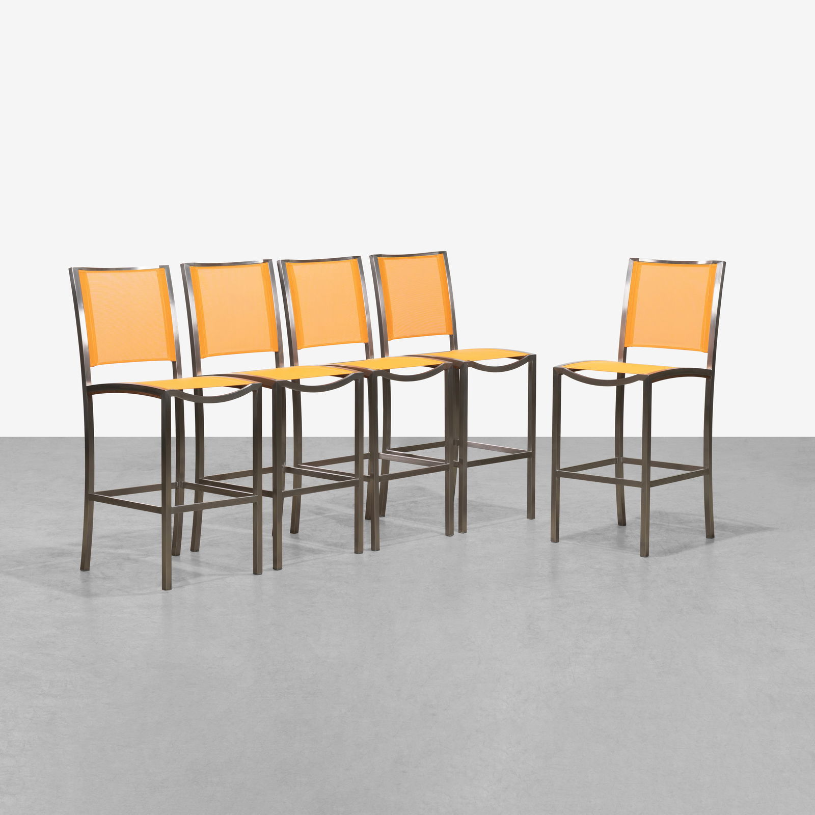 Kingsley-Bate - Patio Stools: A set of five stainless steel outdoor patio stools by Kingsley-Bate. All measurements are in inches. Height x Width x Depth