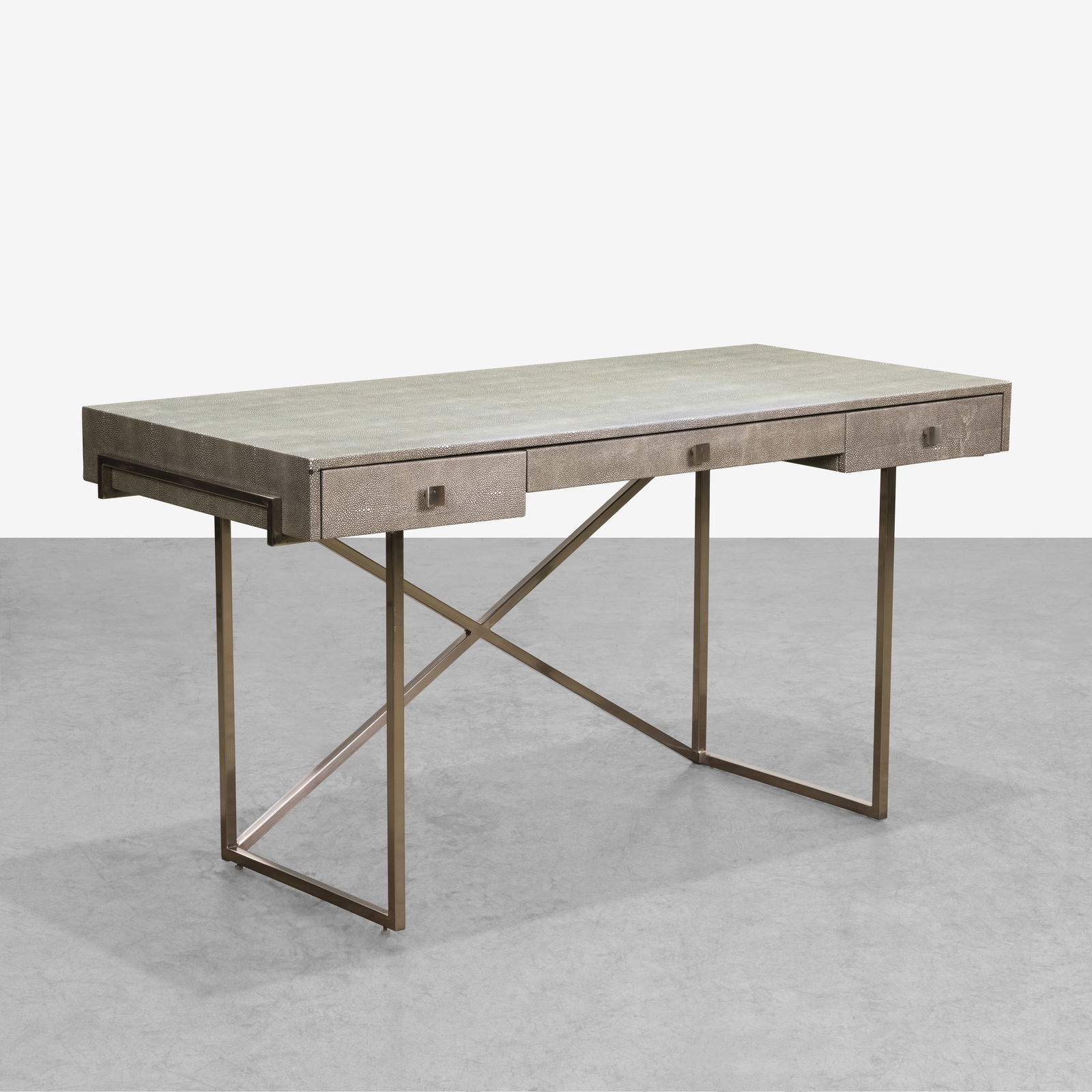 Contemporary Desk: A contemporary shagreen and metal desk designed by hettler.tullmann for CB2. All measurements are in inches. Height x Width x Depth