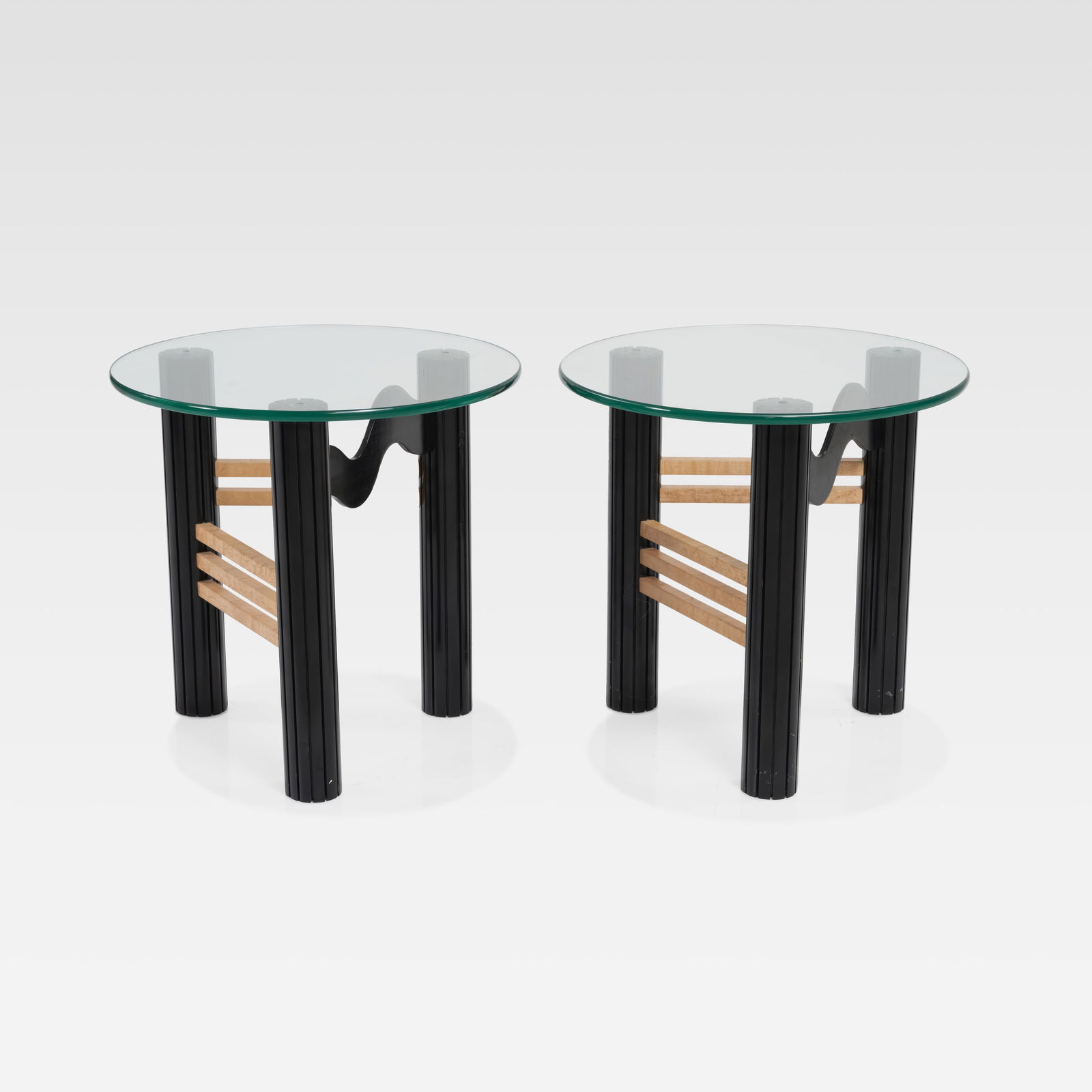 Rick Sherman - Side Tables: A pair of Postmodern lamp tables by Rick Sherman. All measurements are in inches. Height x Width x Depth