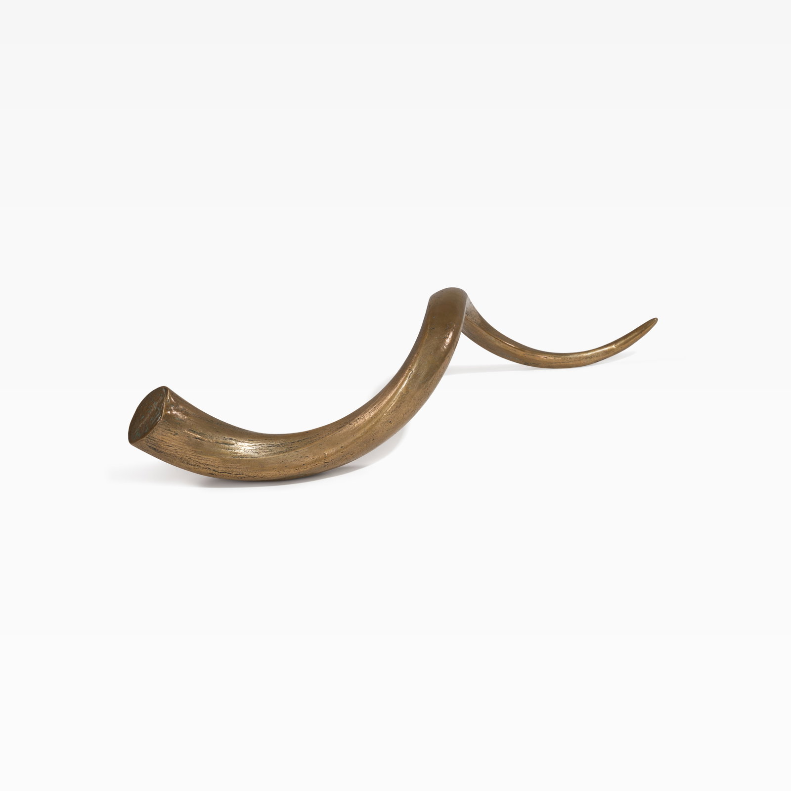 Bronze Antelope Horn: A large bronze antelope horn sculpture, with illegible signature. All measurements are in inches. Height x Width x Depth