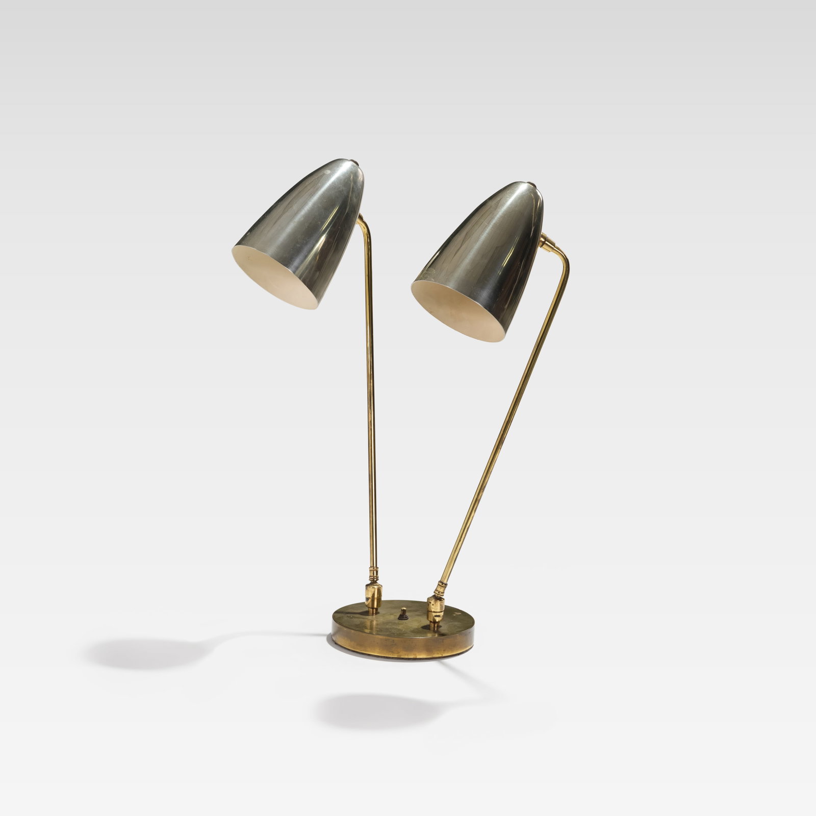 Ben Seibel - Desk Lamp: An adjustable brass two-light desk lamp with mirror finished shades by Ben Seibel. All measurements are in inches. Height x Width x Depth