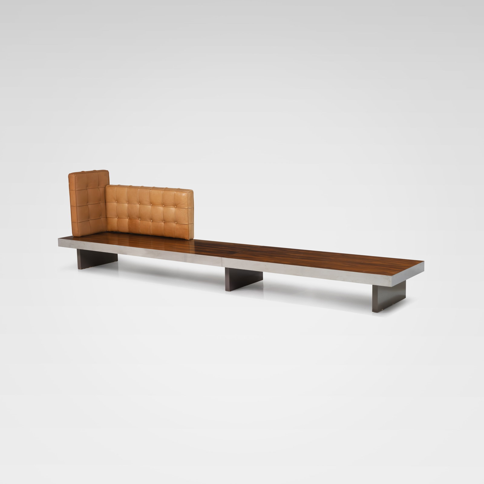 Philippe Starck - Bench: A two-part rosewood and chrome bench by Philippe Starck, produced by Cassina, Italy, for the SLS Hotel in Beverly Hills, California. All measurements are in inches. Height x Width x Depth