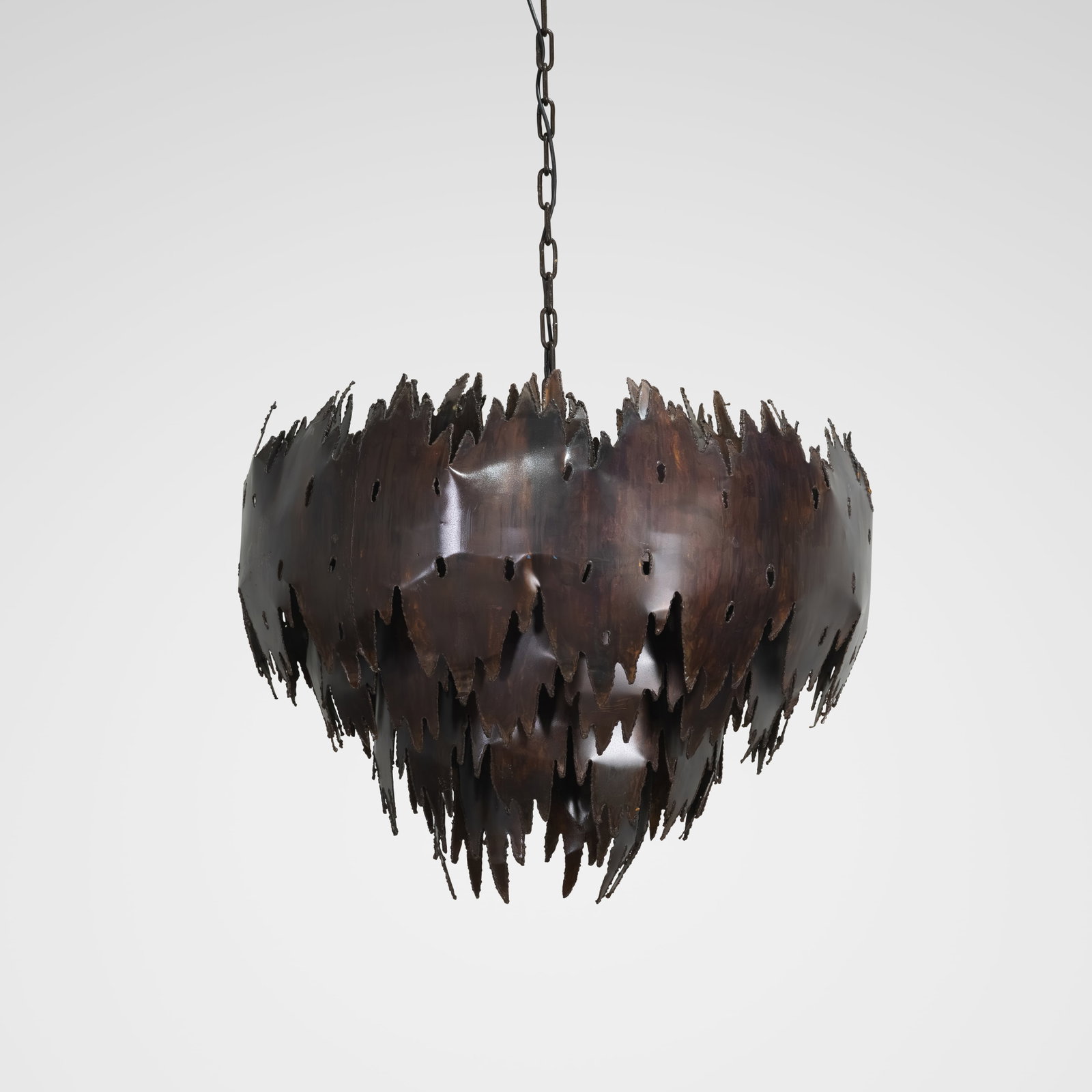 Tom Greene - Chandelier: A brutalist torch-cut metal chandelier by Tom Greene. Includes ceiling cap. Listed dimensions do not include drop. Drop is approximately 70 inches. All measurements are in inches. Height x Width x