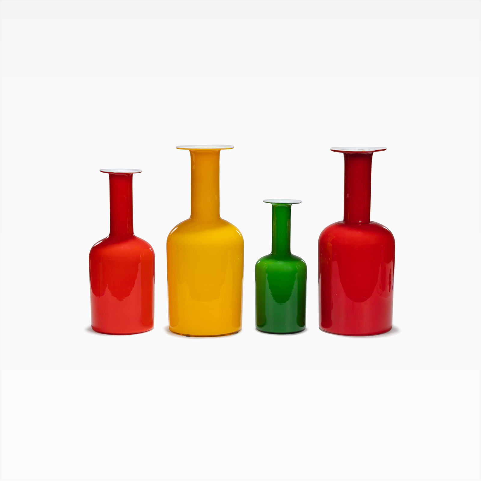 Otto Breuer - Vases: A set of four Otto Brauer 'Gulvvase' bottle vases in multiple colors. Dimensions listed are for the largest vase. All measurements are in inches. Height x Width x Depth