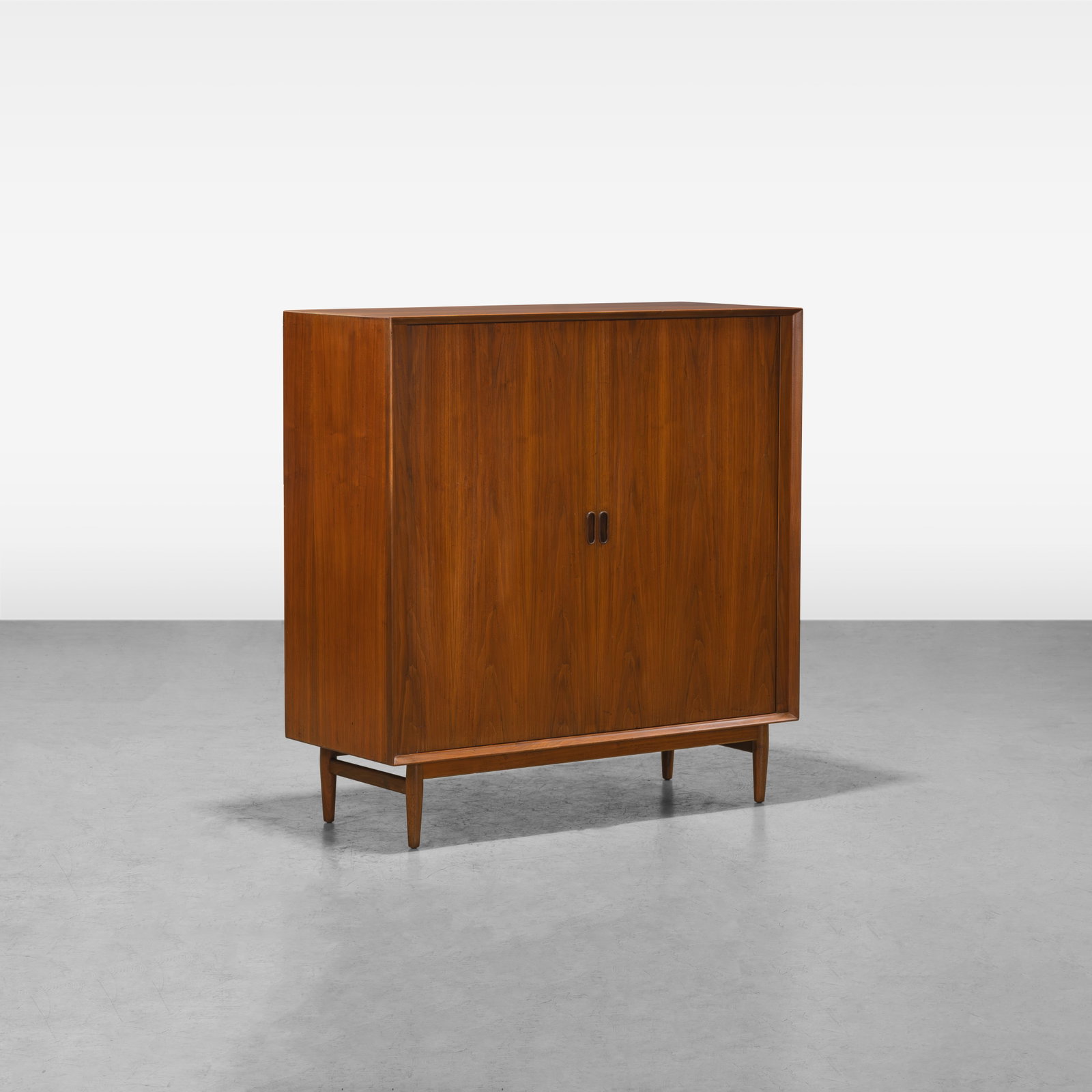 Arne Vodder - High Chest: A teak high chest with tambour doors by Arne Vodder for George Tanier. All measurements are in inches. Height x Width x Depth