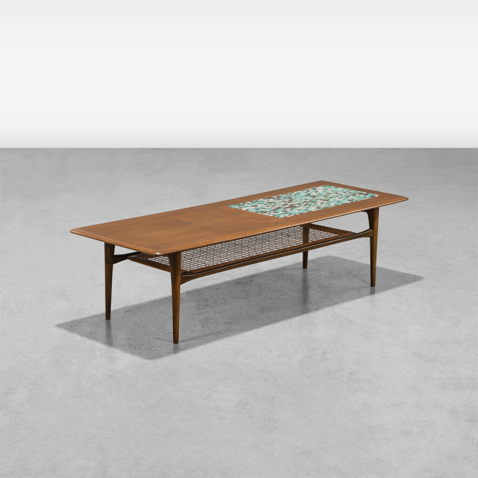 Poul Jensen - Coffee Table: A walnut and tile with caned shelf by Poul Jensen for Selig, Denmark. All measurements are in inches. Height x Width x Depth