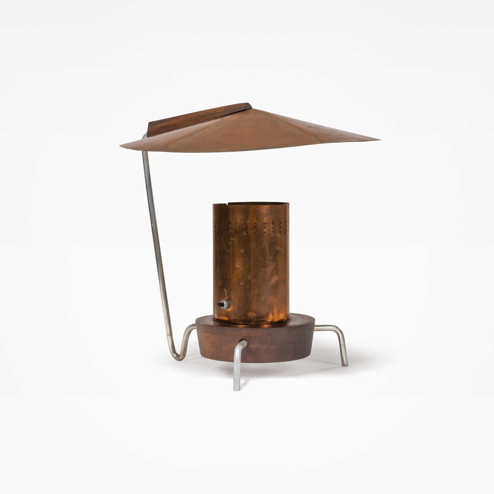 Copper Desk Lamp: A vintage copper and walnut desk lamp. All measurements are in inches. Height x Width x Depth